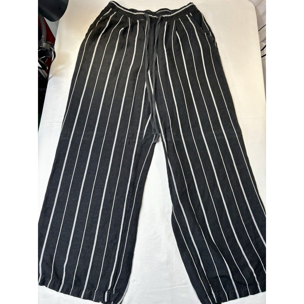 A New Day Linen Blend Black Striped Wide Leg Drawstring Pants Medium